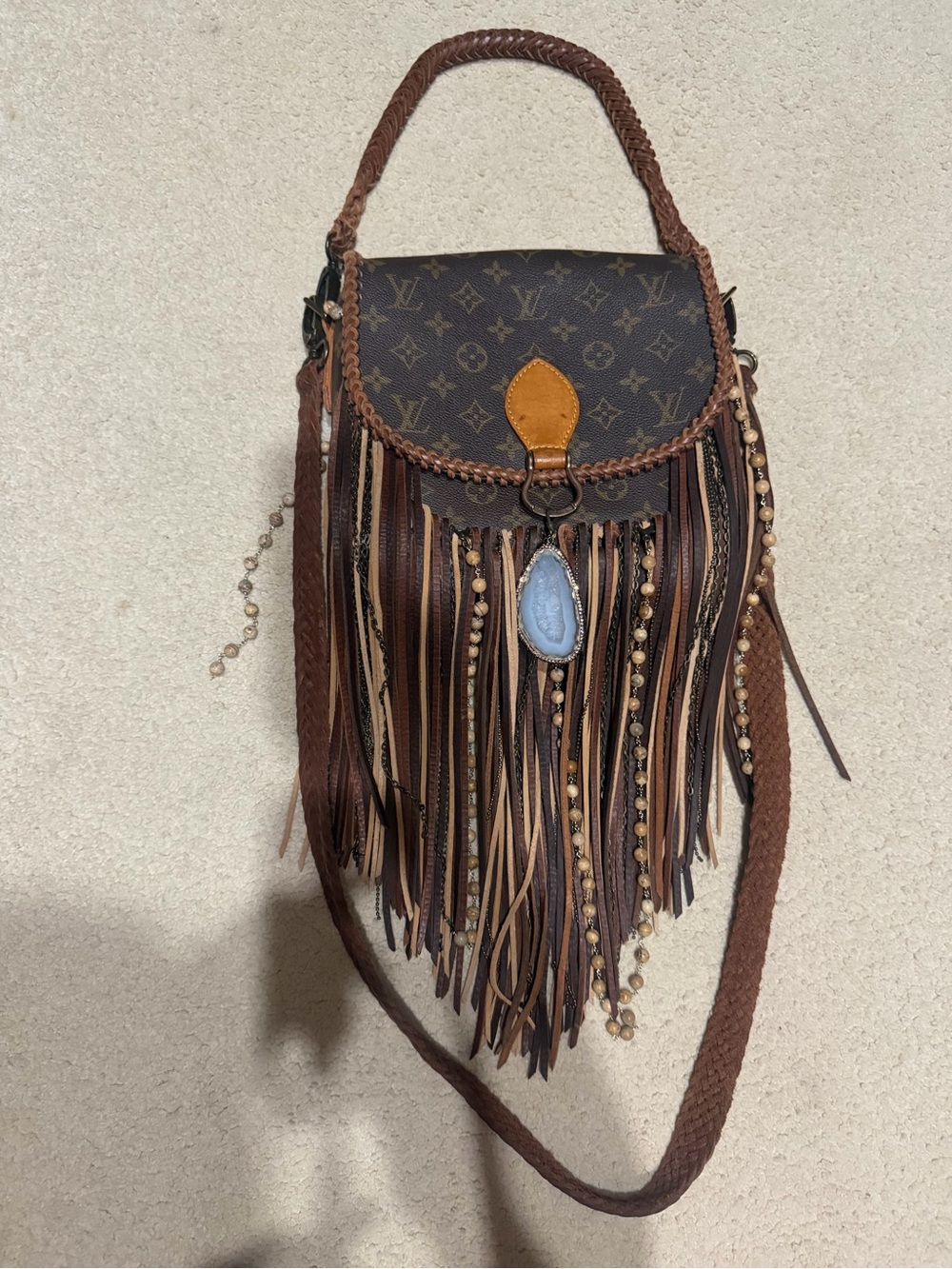 Louis Vuitton Brown Monogram Fringe Crossbody with Blue Stone Accent